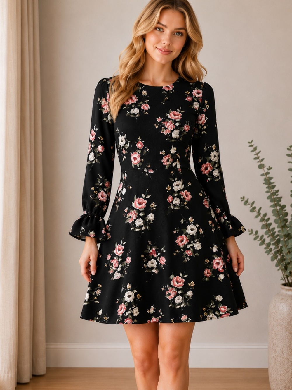 NWT H&M Black Floral Long Sleeve Fit & Flare Dress Size 14 US